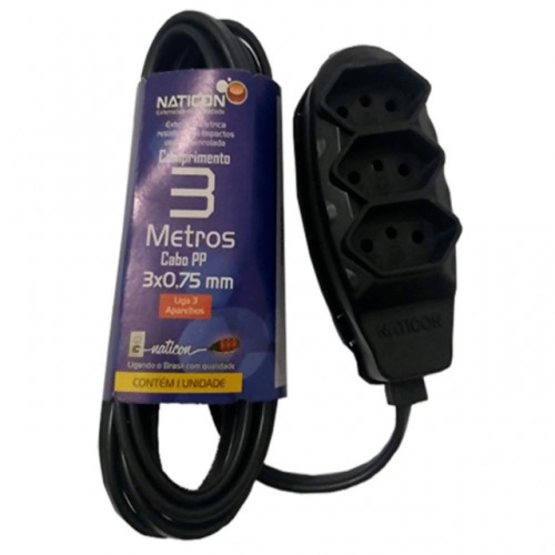 EXTENSÃO EL.NATICON 3X0.75MMX03MTS PRETO