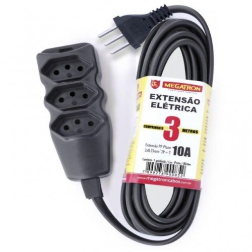 EXTENSÃO EL.MEGATRON 3X0.75MMX03MTS PRETO
