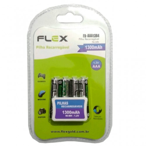 PILHA RECARREGÁVEL (AAA) FLEXGOLD COM 4 UNIDADES 1300MAH FX-AAA13B4