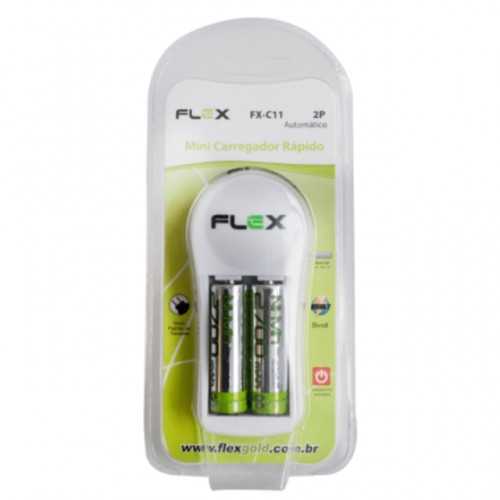 CARREGADOR DE PILHAS E BATERIAS FLEXGOLD AA/AAA/9V COM 2 PILHAS AA 2700MAH FX-C11/2P