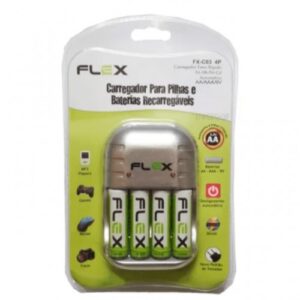 CARREGADOR DE PILHAS E BATERIAS FLEXGOLD AA/AAA/9V COM 4 PILHAS AA 2900MAH FX-C03/4P