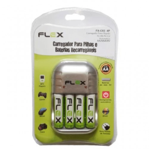 CARREGADOR DE PILHAS E BATERIAS FLEXGOLD AA/AAA/9V COM 4 PILHAS AA 2900MAH FX-C03/4P