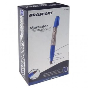 Caneta marcadora permanente, ponta fina, cor azul, modelo 7854, da marca Brasfort.